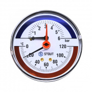 Термоманометр аксиальный STOUT - 1/2" (D80 мм, шкала 0-120°C/0-10 бар, с запорным клапаном)