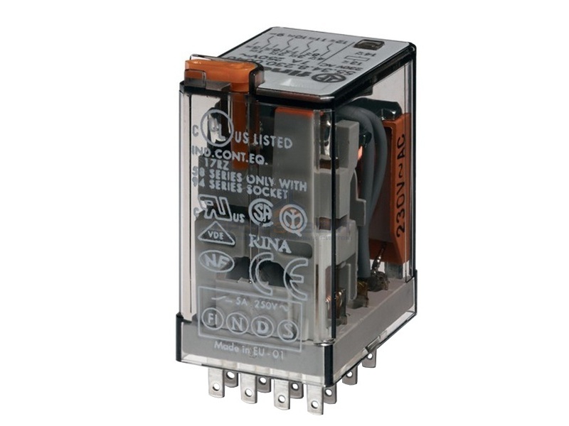 Миниатюрное реле Finder 4 контакта 7A AC (50/60Гц) 230В AgCdO кнопка тест с блокировкой + LED (AC)